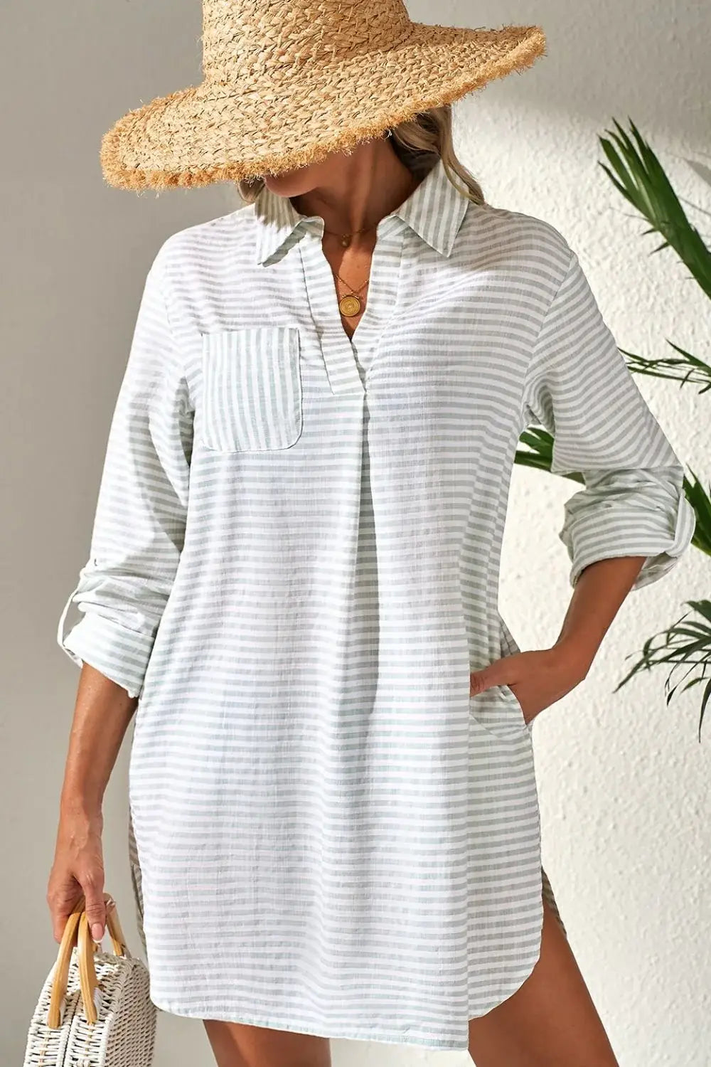 Striped Johnny Collar Long Sleeve Mini Shirt Dress - Trendsi - Flyclothing LLC