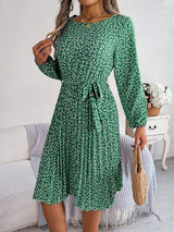 Ditsy Floral Tie Waist Pleated Dress - Trendsi - Flyclothing LLC