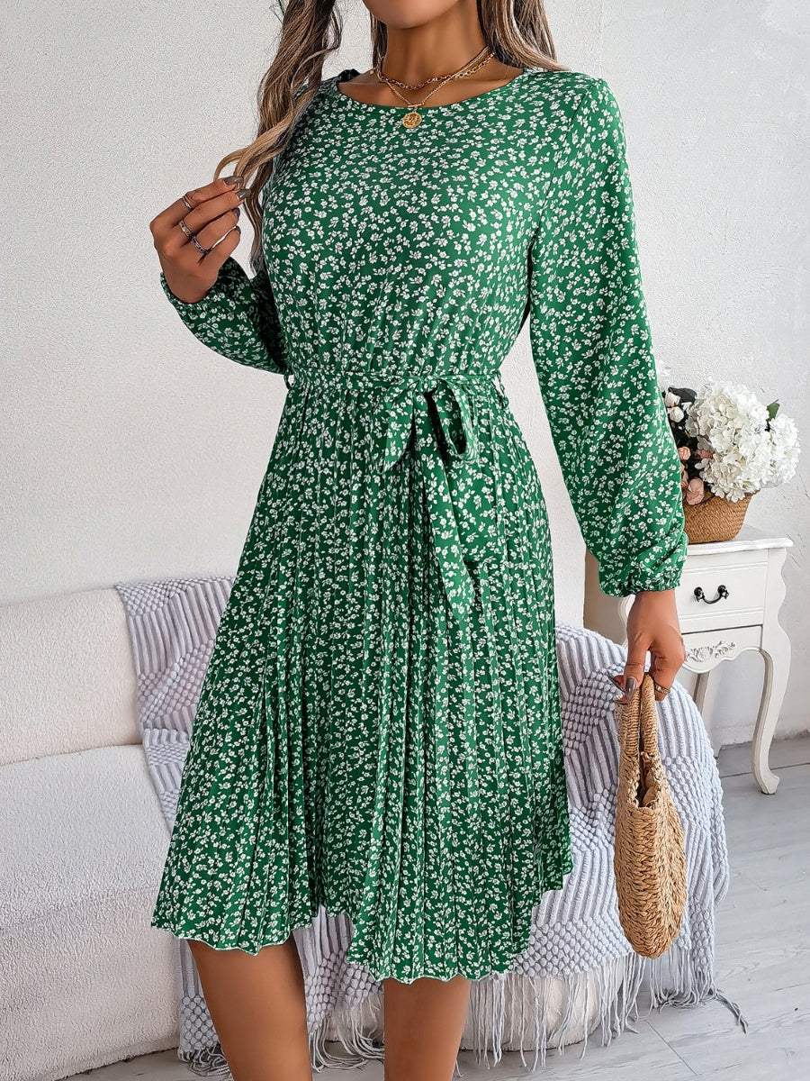 Ditsy Floral Tie Waist Pleated Dress - Trendsi - Flyclothing LLC