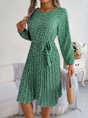 Ditsy Floral Tie Waist Pleated Dress - Trendsi