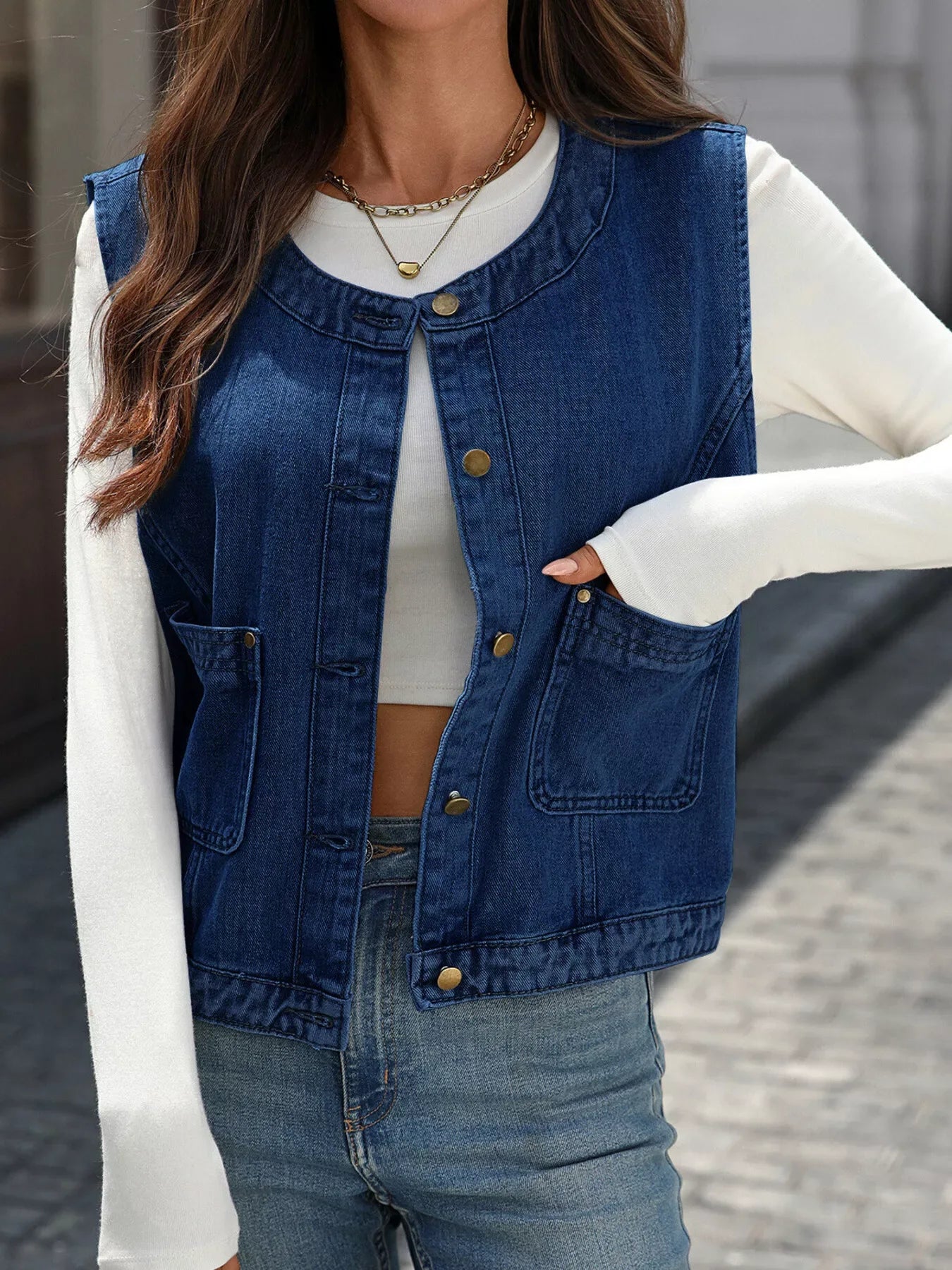Button-Down Denim Vest - Trendsi - Flyclothing LLC