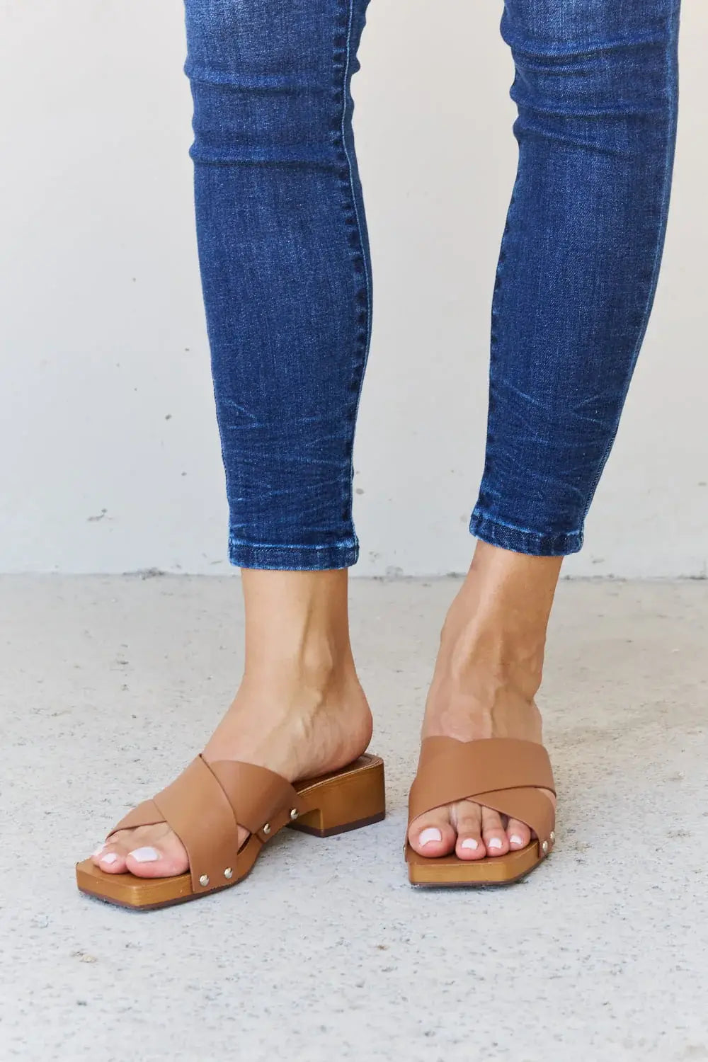 Weeboo Step Into Summer Criss Cross Wooden Clog Mule in Brown - Trendsi - Flyclothing LLC