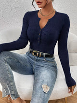 Ribbed Knit Button Front Knit Top - Trendsi - Flyclothing LLC