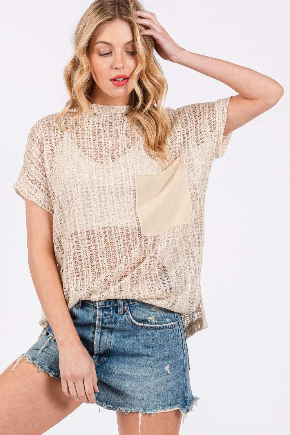 Ces Femme See Through Crochet Mock Neck Cover Up - Trendsi - Flyclothing LLC