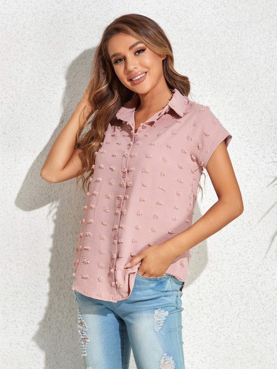 Swiss Dot Button Up Cap Sleeve Shirt - Trendsi - Flyclothing LLC