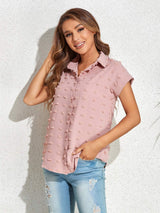 Swiss Dot Button Up Cap Sleeve Shirt - Trendsi - Flyclothing LLC