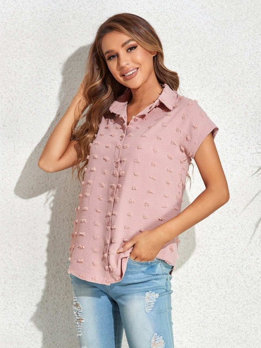 Swiss Dot Button Up Cap Sleeve Shirt - Trendsi - Flyclothing LLC