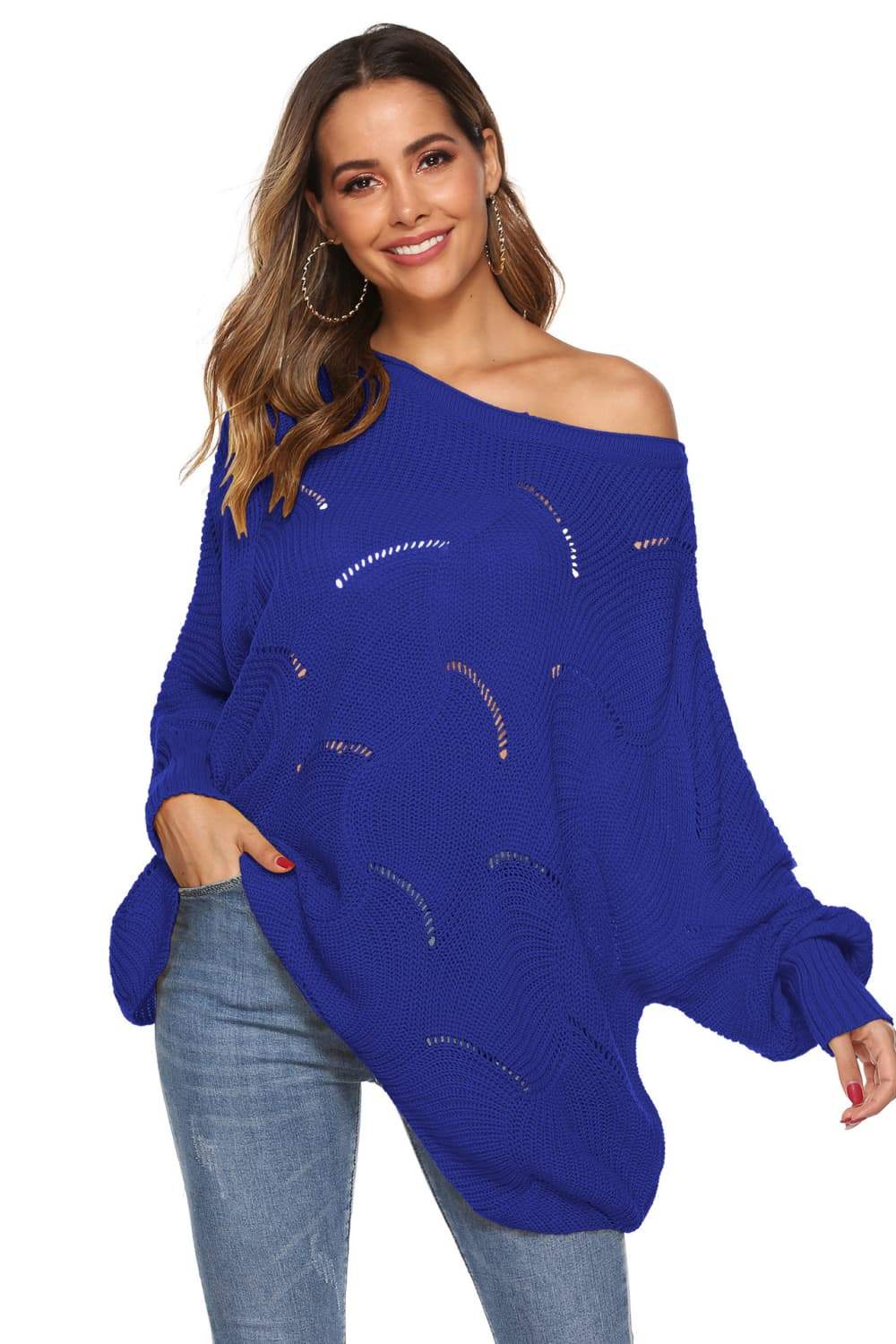 Round Neck Long Sleeve Openwork Sweater - Trendsi - Flyclothing LLC