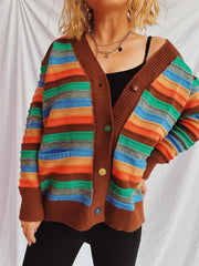 Contrast Stripes Button Up Long Sleeve Cardigan - Trendsi