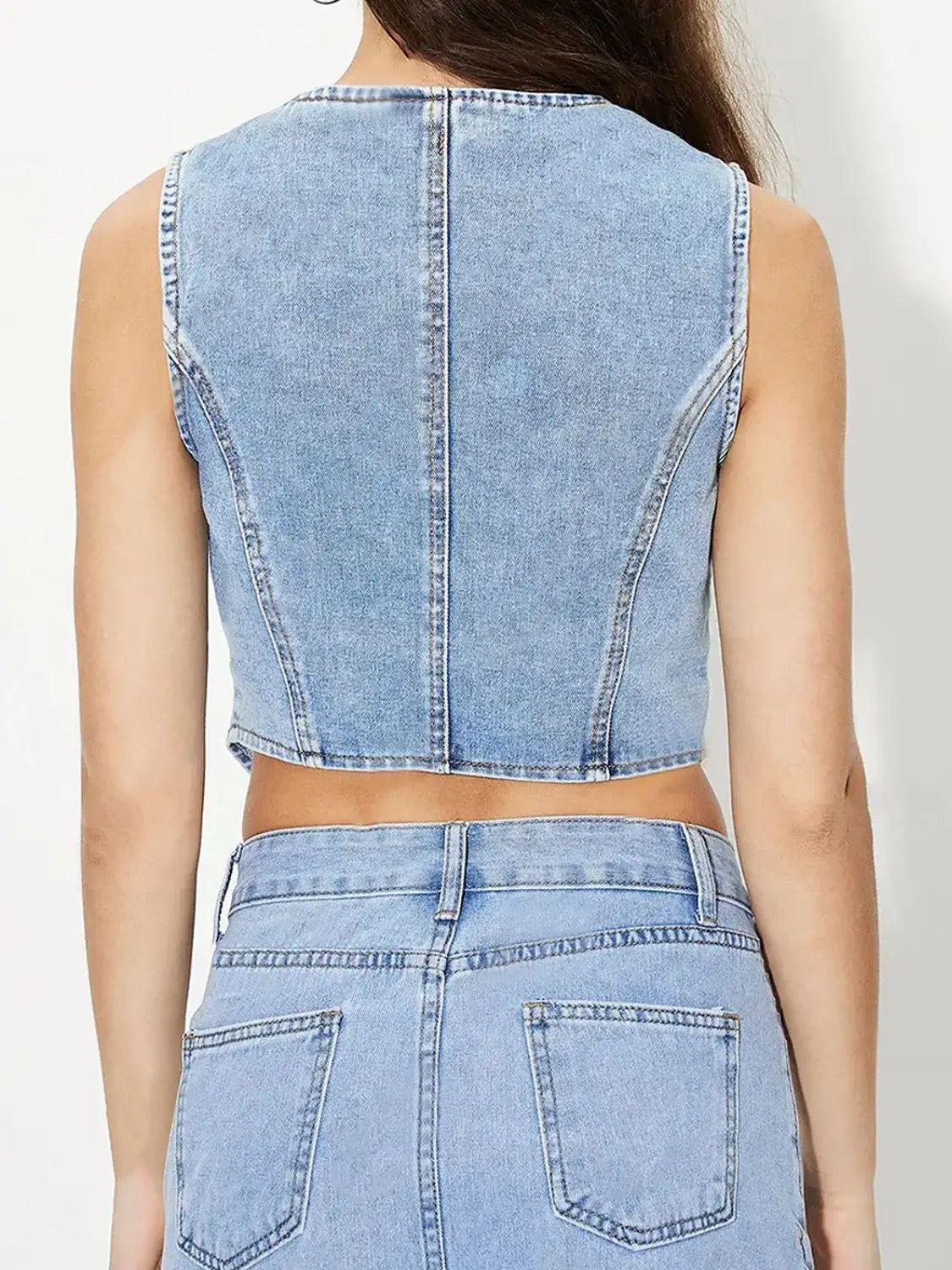 V-Neck Button Up Denim Vest - Trendsi - Flyclothing LLC