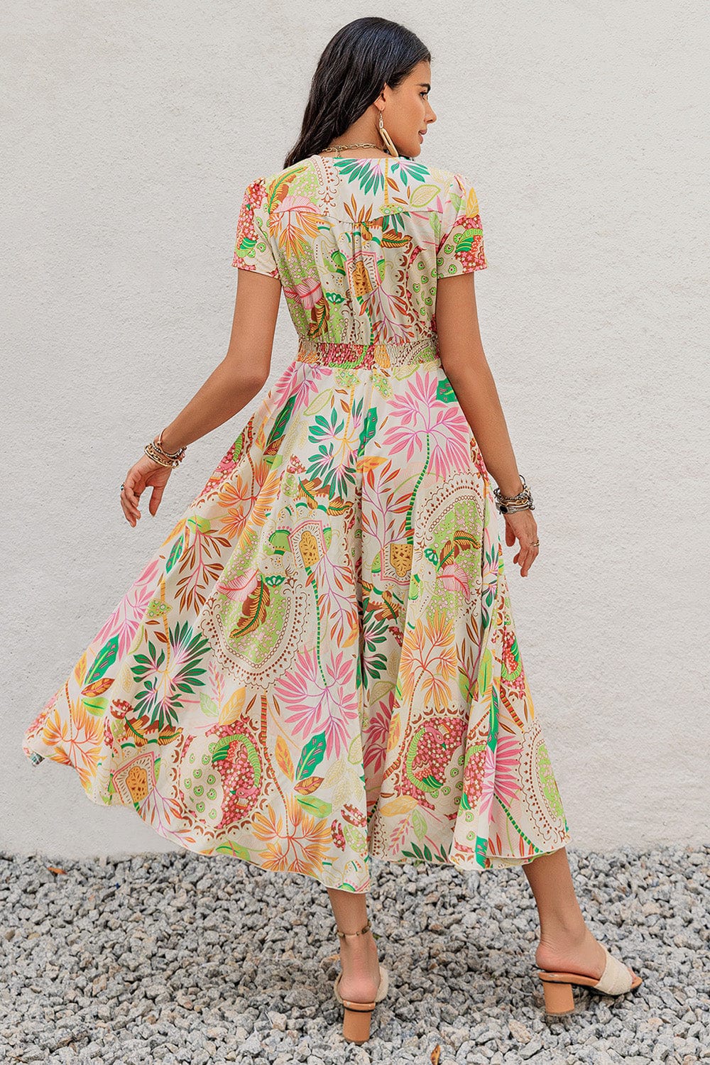 Printed V-Neck Short Sleeve Midi Dress - Trendsi