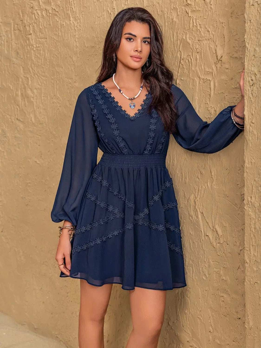 Lace Detail V-Neck Balloon Sleeve Mini Dress - Trendsi - Flyclothing LLC