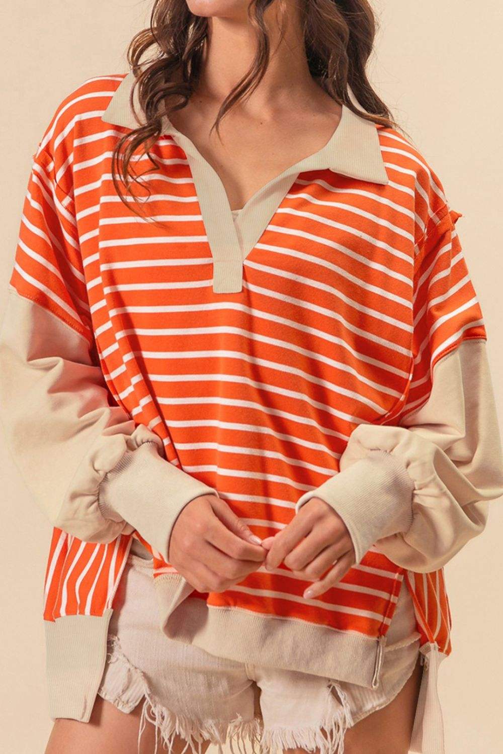 Striped Johnny Collar Long Sleeve Sweatshirt - Trendsi - Flyclothing LLC