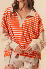 Striped Johnny Collar Long Sleeve Sweatshirt - Trendsi - Flyclothing LLC