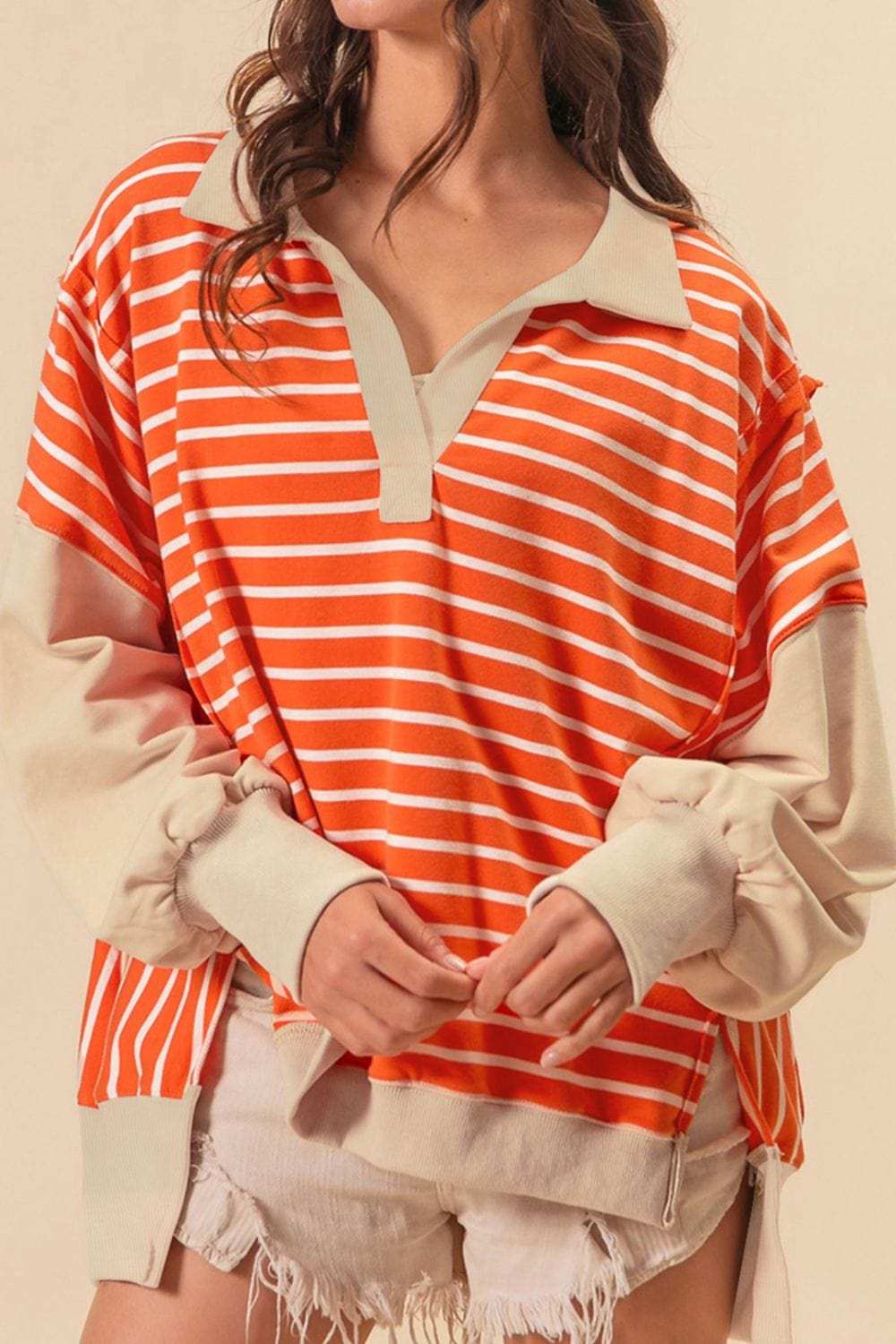 Striped Johnny Collar Long Sleeve Sweatshirt - Trendsi - Flyclothing LLC