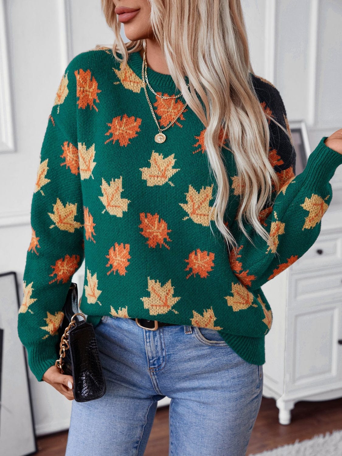 Maple Leaf Round Neck Long Sleeve Sweater - Trendsi