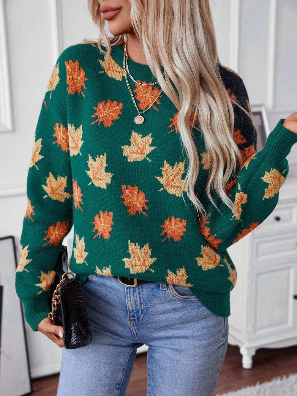 Maple Leaf Round Neck Long Sleeve Sweater - Trendsi - Flyclothing LLC