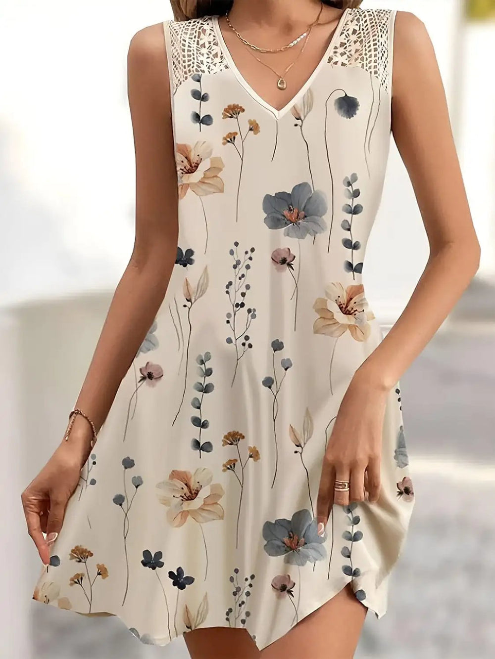 Printed V-Neck Sleeveless Mini Dress - Trendsi