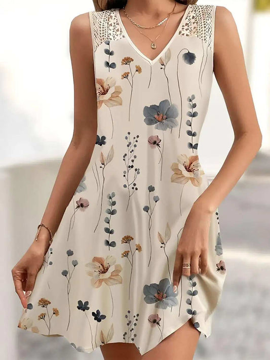 Printed V-Neck Sleeveless Mini Dress - Trendsi - Flyclothing LLC