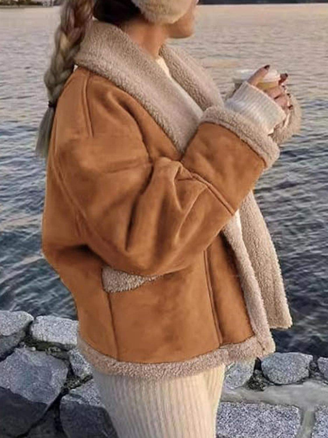 Fuzzy Collared Neck Long Sleeve Jacket - Trendsi - Flyclothing LLC