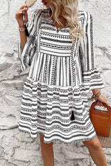 Printed Tie Neck Three-Quarter Sleeve Mini Dress - Trendsi - Flyclothing LLC
