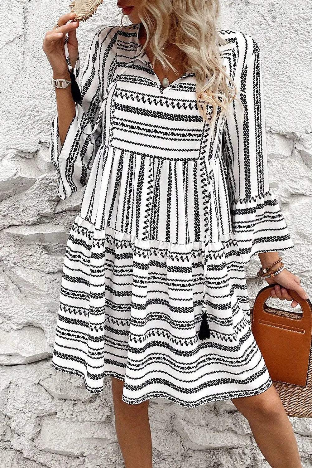 Printed Tie Neck Three-Quarter Sleeve Mini Dress - Trendsi - Flyclothing LLC