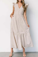 Slit Striped V-Neck Ruffled Cap Sleeve Dress - Trendsi - Flyclothing LLC