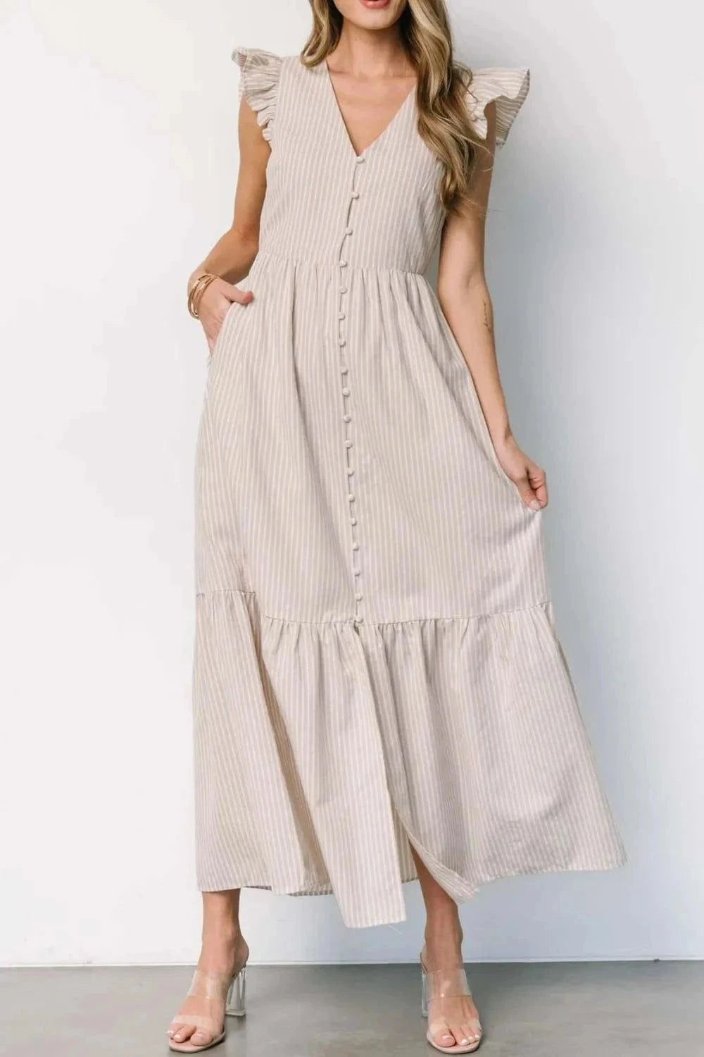 Slit Striped V-Neck Ruffled Cap Sleeve Dress - Trendsi