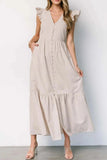 Slit Striped V-Neck Ruffled Cap Sleeve Dress - Trendsi