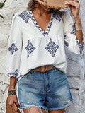 Printed V-Neck Three-Quarter Sleeve Blouse - Trendsi - Flyclothing LLC