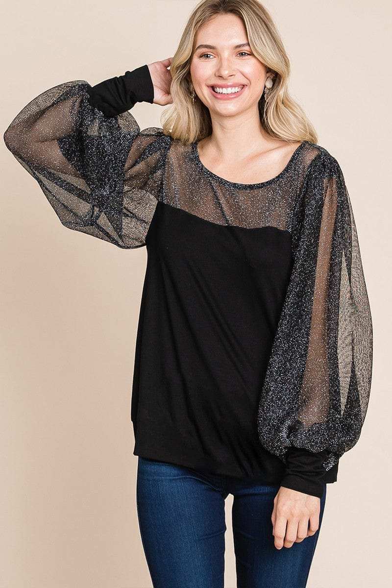 Super Lady Full Size Metallic Mesh Lantern Sleeve Blouse - Trendsi - Flyclothing LLC