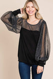 Super Lady Full Size Metallic Mesh Lantern Sleeve Blouse - Trendsi - Flyclothing LLC
