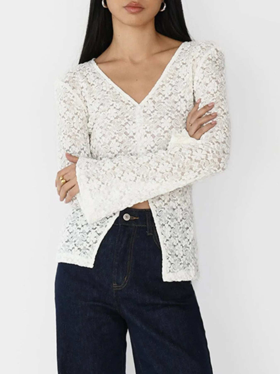 Lace V-Neck Flare Sleeve T-Shirt - Trendsi - Flyclothing LLC