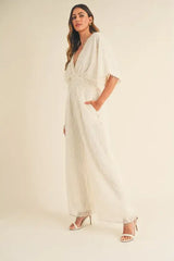 MABLE Fluffy Deep V Neck Wide Leg Jumpsuit - Trendsi - Flyclothing LLC