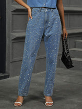 Pearl Detail Straight Jeans with Pockets - Trendsi - Flyclothing LLC