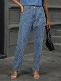 Pearl Detail Straight Jeans with Pockets - Trendsi