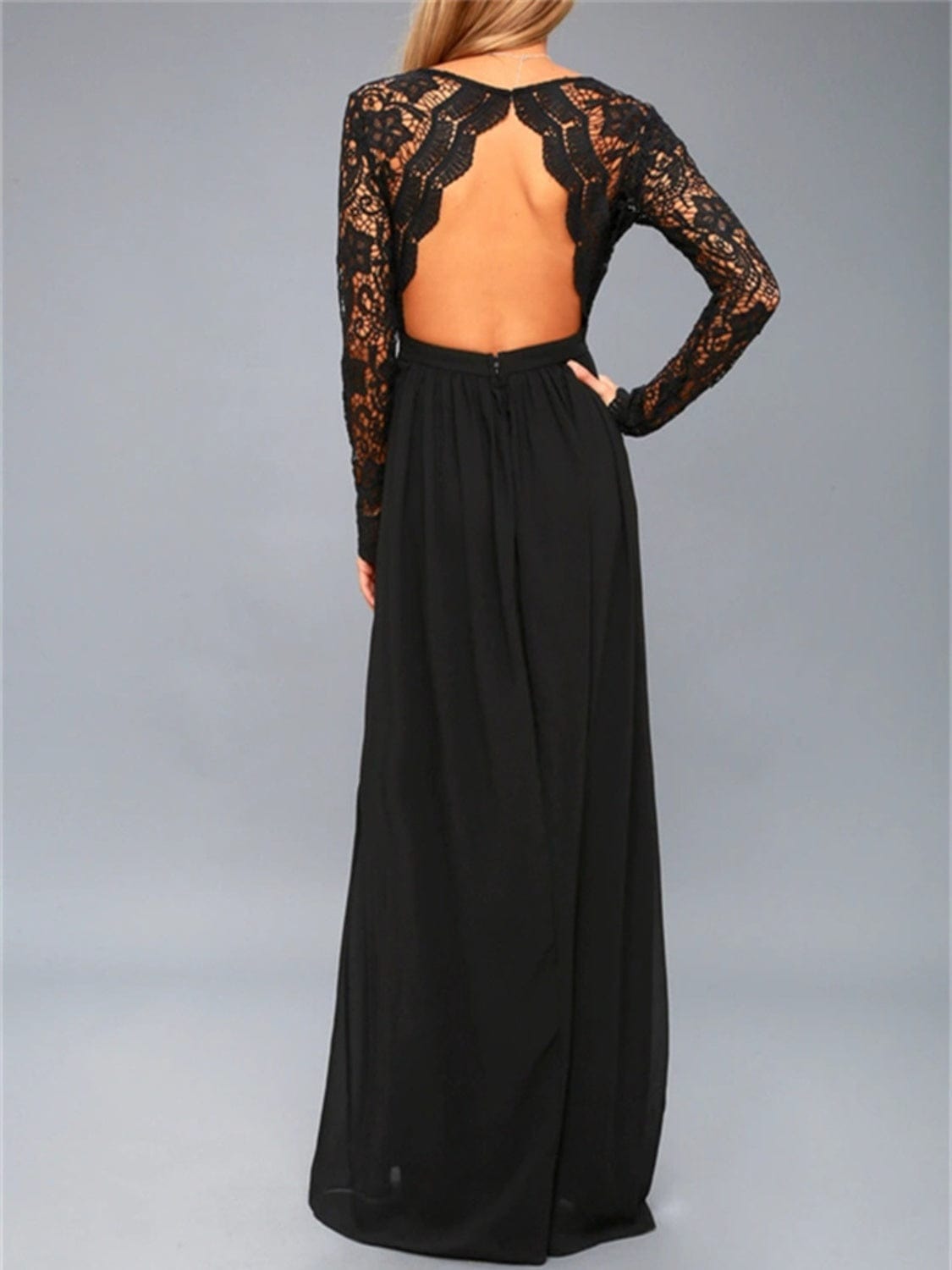 Lace Detail Backless Long Sleeve Maxi Dress - Trendsi