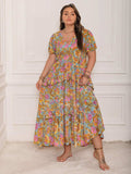 Plus Size Printed V-Neck Short Sleeve Maxi Dress - Trendsi - Flyclothing LLC