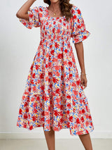 Smocked Floral Square Neck Short Sleeve Dress - Trendsi - Flyclothing LLC