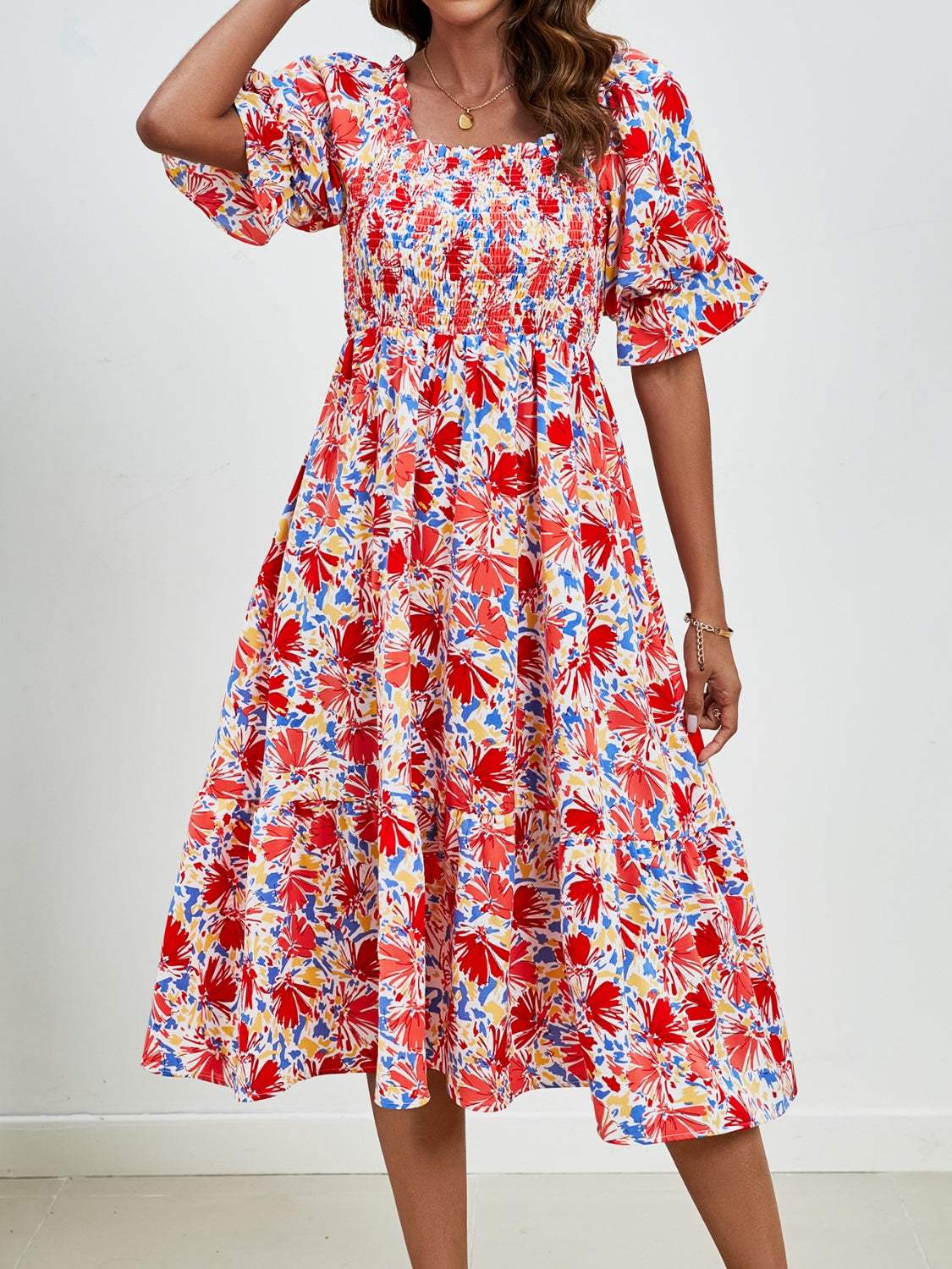 Smocked Floral Square Neck Short Sleeve Dress - Trendsi - Flyclothing LLC
