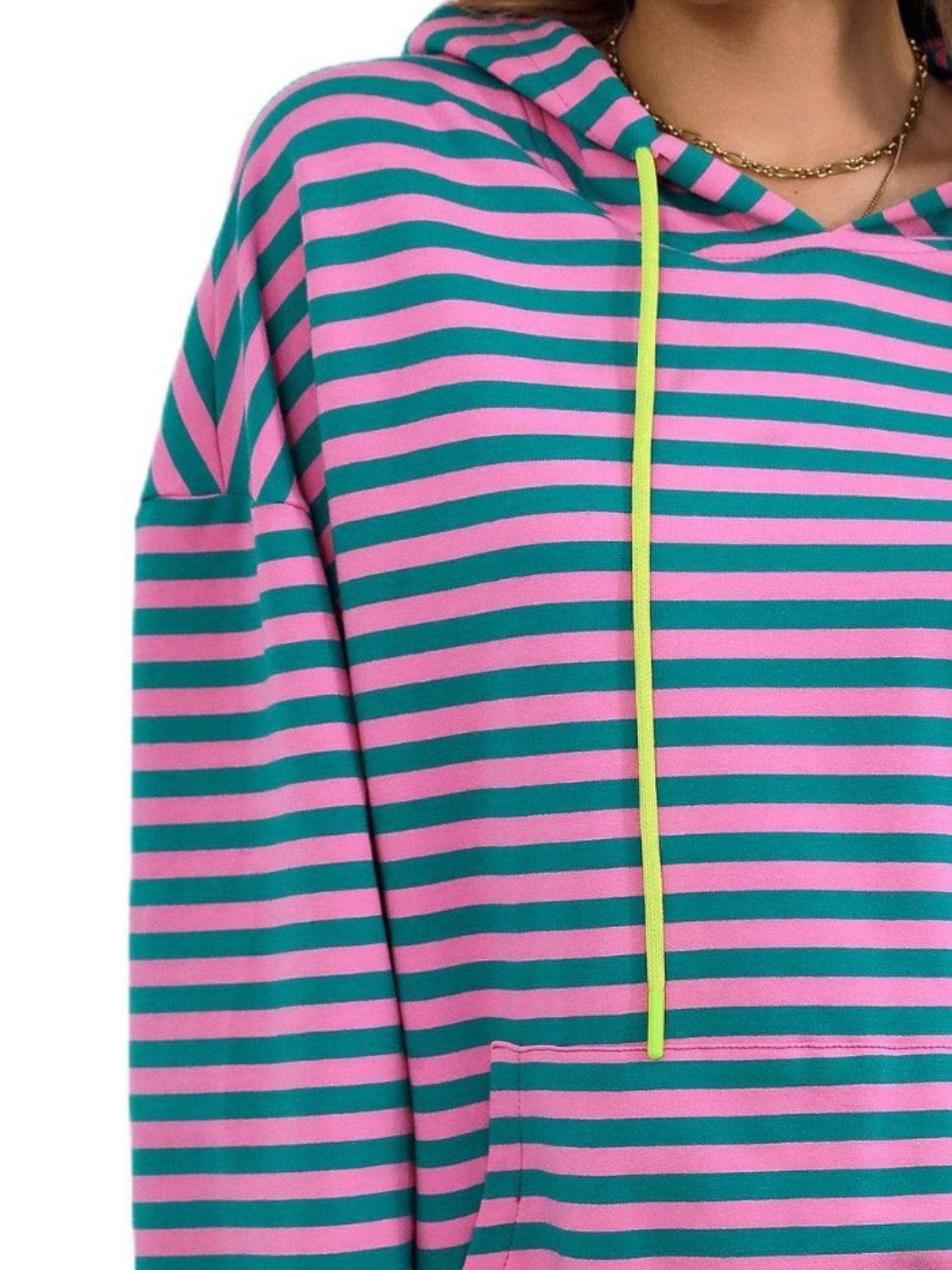 Drawstring Striped Long Sleeve Hoodie - Trendsi - Flyclothing LLC