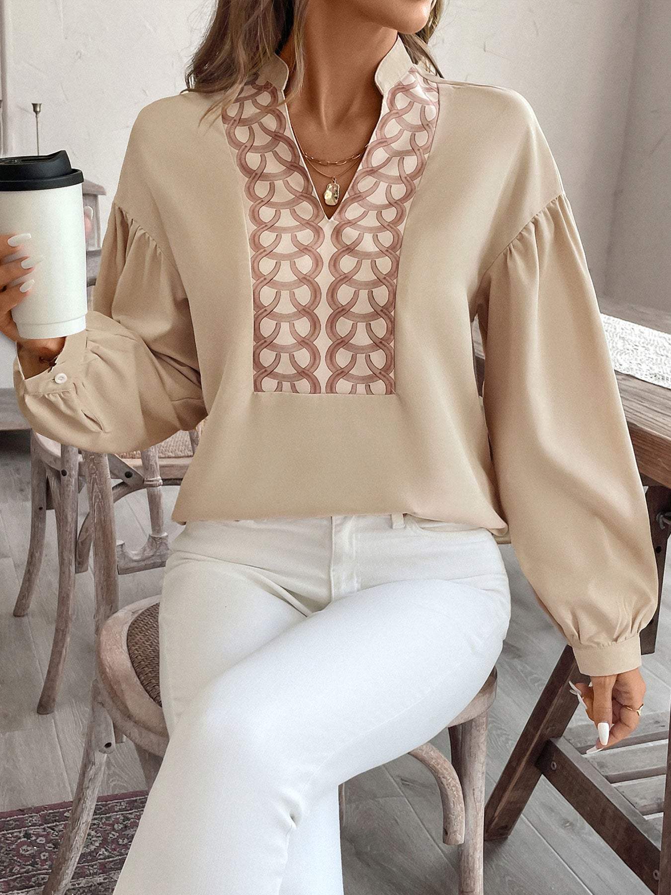 Perfee Printed Notched Long Sleeve Blouse - Trendsi - Flyclothing LLC