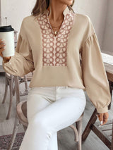 Perfee Printed Notched Long Sleeve Blouse - Trendsi - Flyclothing LLC