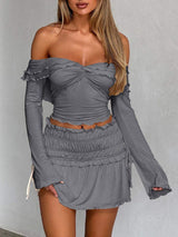 Devine Twisted Ruffled Off-Shoulder Long Sleeve T-Shirt - Trendsi - Flyclothing LLC