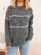Ribbed Hem Flower Long Sleeve Sweater - Trendsi - Flyclothing LLC