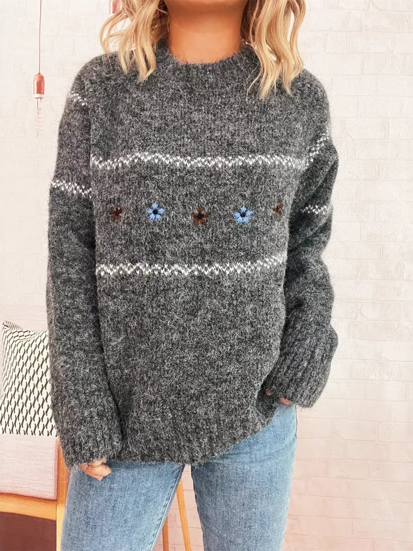 Ribbed Hem Flower Long Sleeve Sweater - Trendsi - Flyclothing LLC