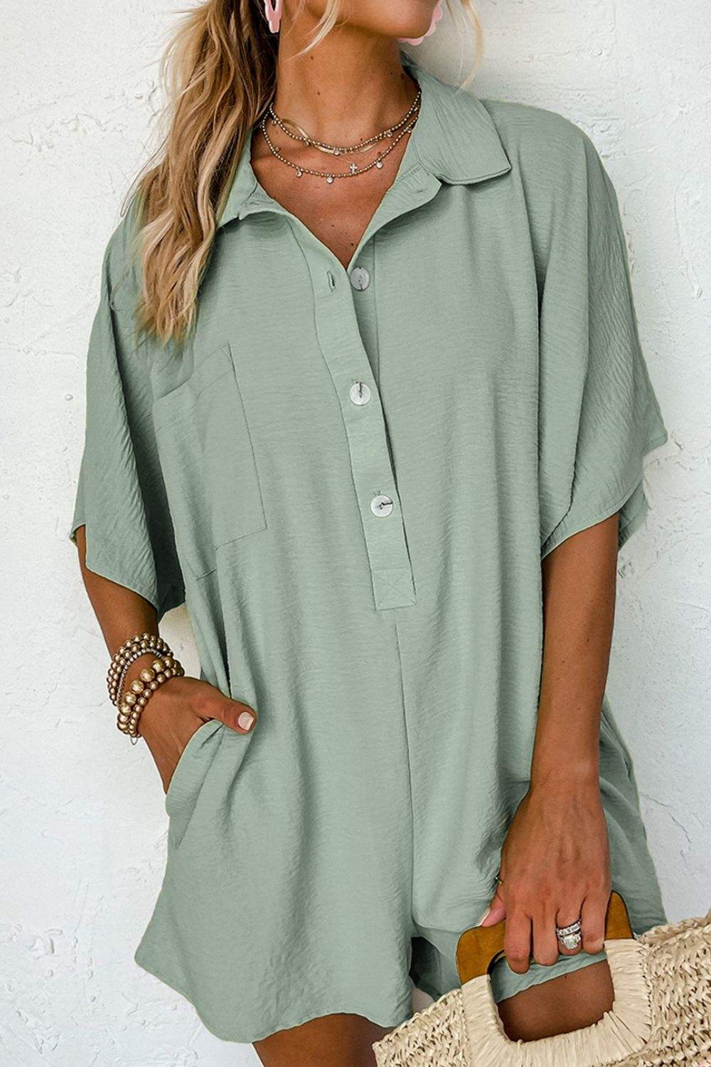 Half Button Collared Neck Romper - Trendsi - Flyclothing LLC