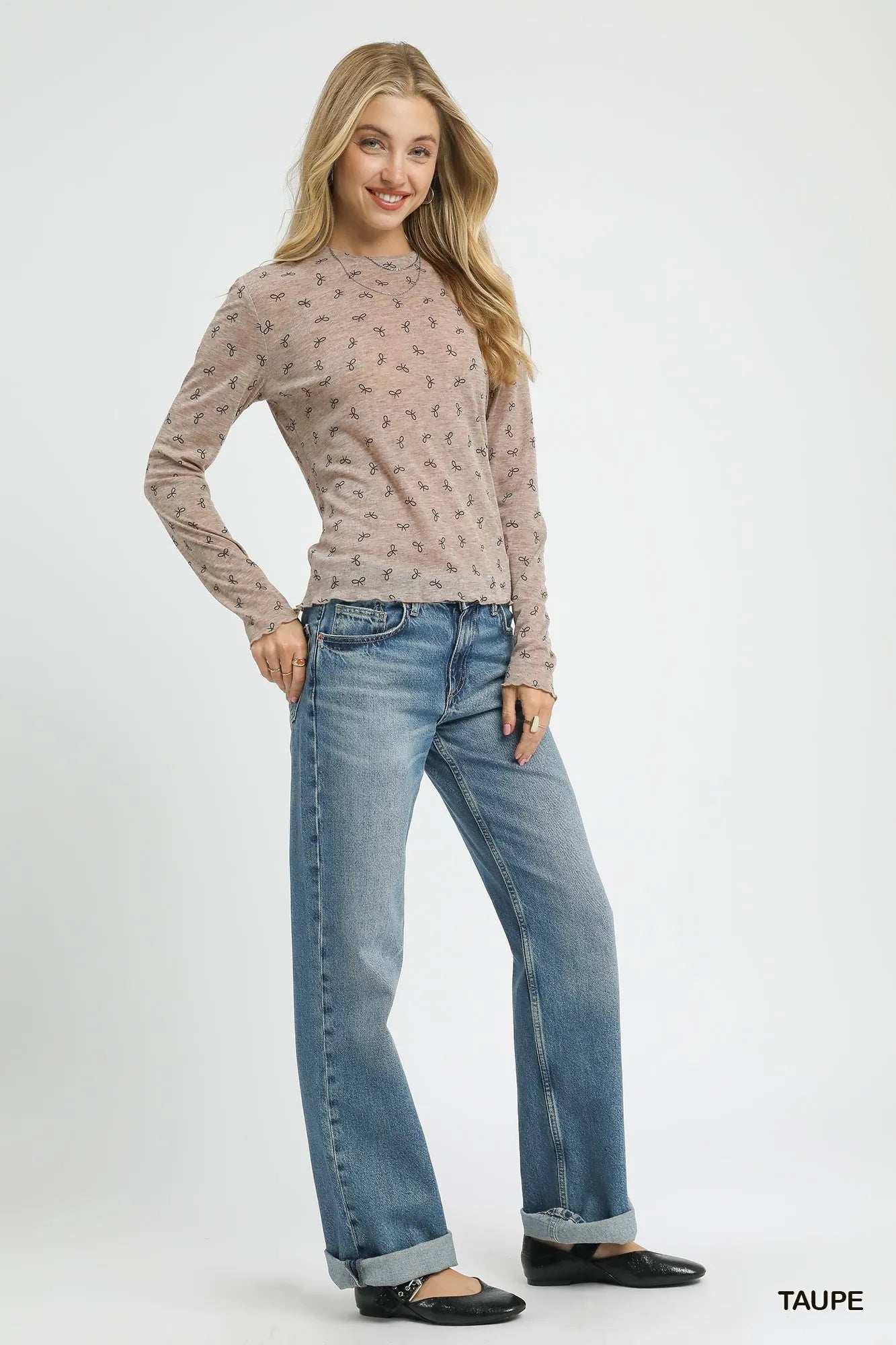 Umgee Bow Print Lightweight Knit Top - Trendsi - Flyclothing LLC