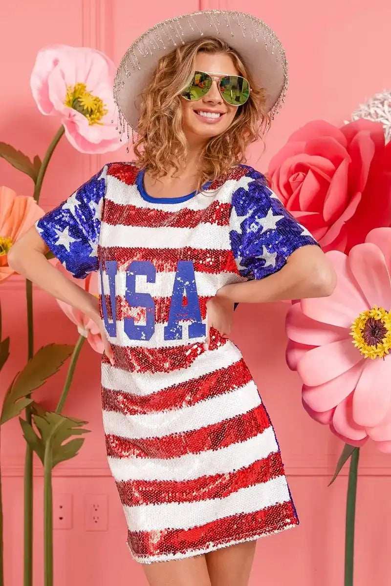 BiBi American Flag Theme Usa Print Sequin Dress - Trendsi - Flyclothing LLC