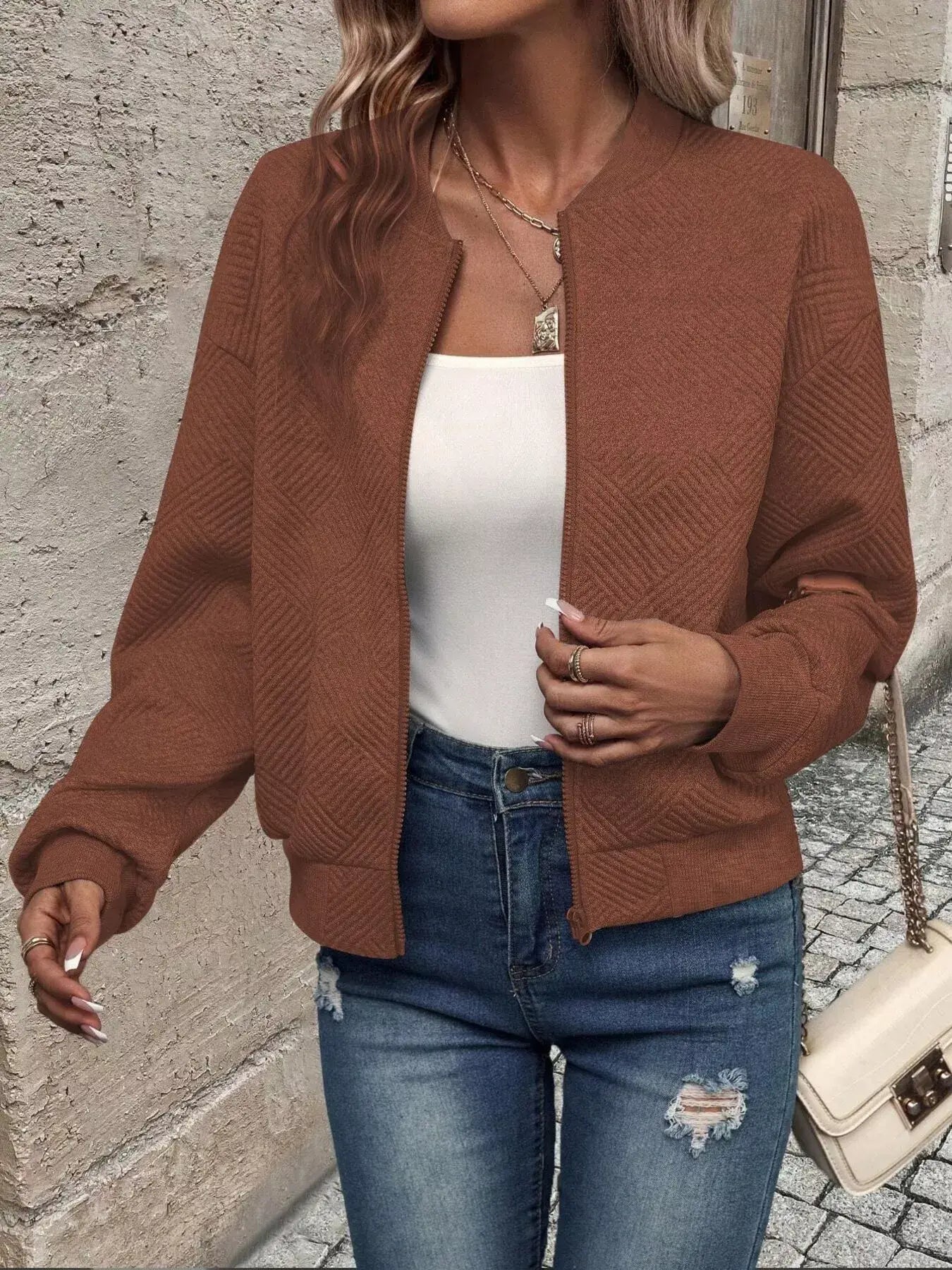 Texture Zip-Up Bomber Jacket - Trendsi - Flyclothing LLC